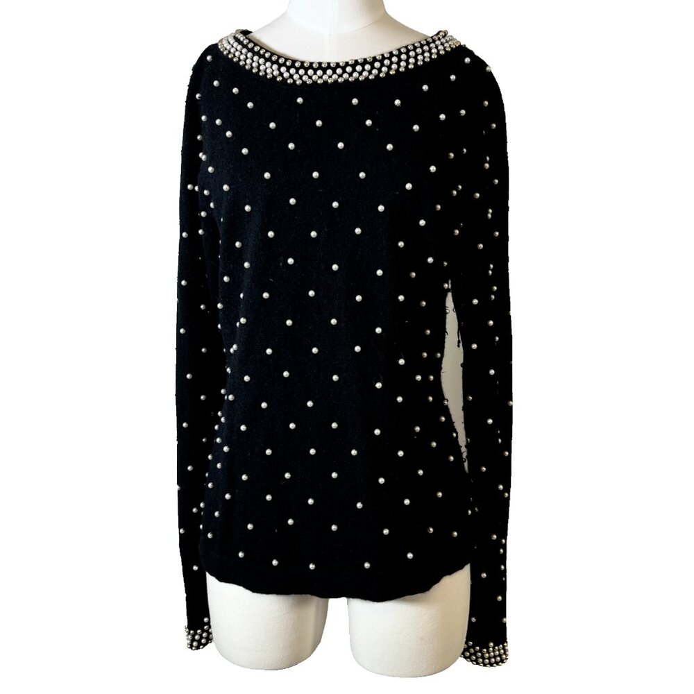 PIERRE CARDIN Vintage Sweater Black Angora Lambswool Pearl 80s Luxury Sz L Large